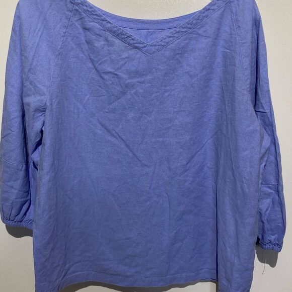 Loft Women's Blue V-Back Linen Blend Balloon Sleeve Pullover Blouse Size LP - Picture 9 of 9